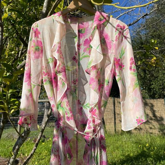 Lulu’s | Floral Tie Dress Robe Duster Sheer Pink - Picture 4 of 9